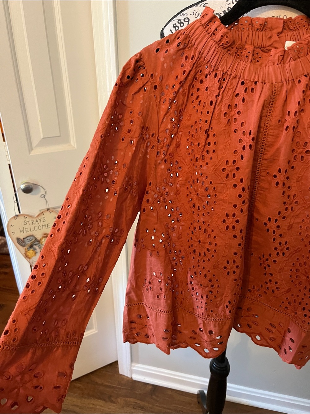 Women’s Eyelet Peasant Blouse in Rust - Picture 3 of 6